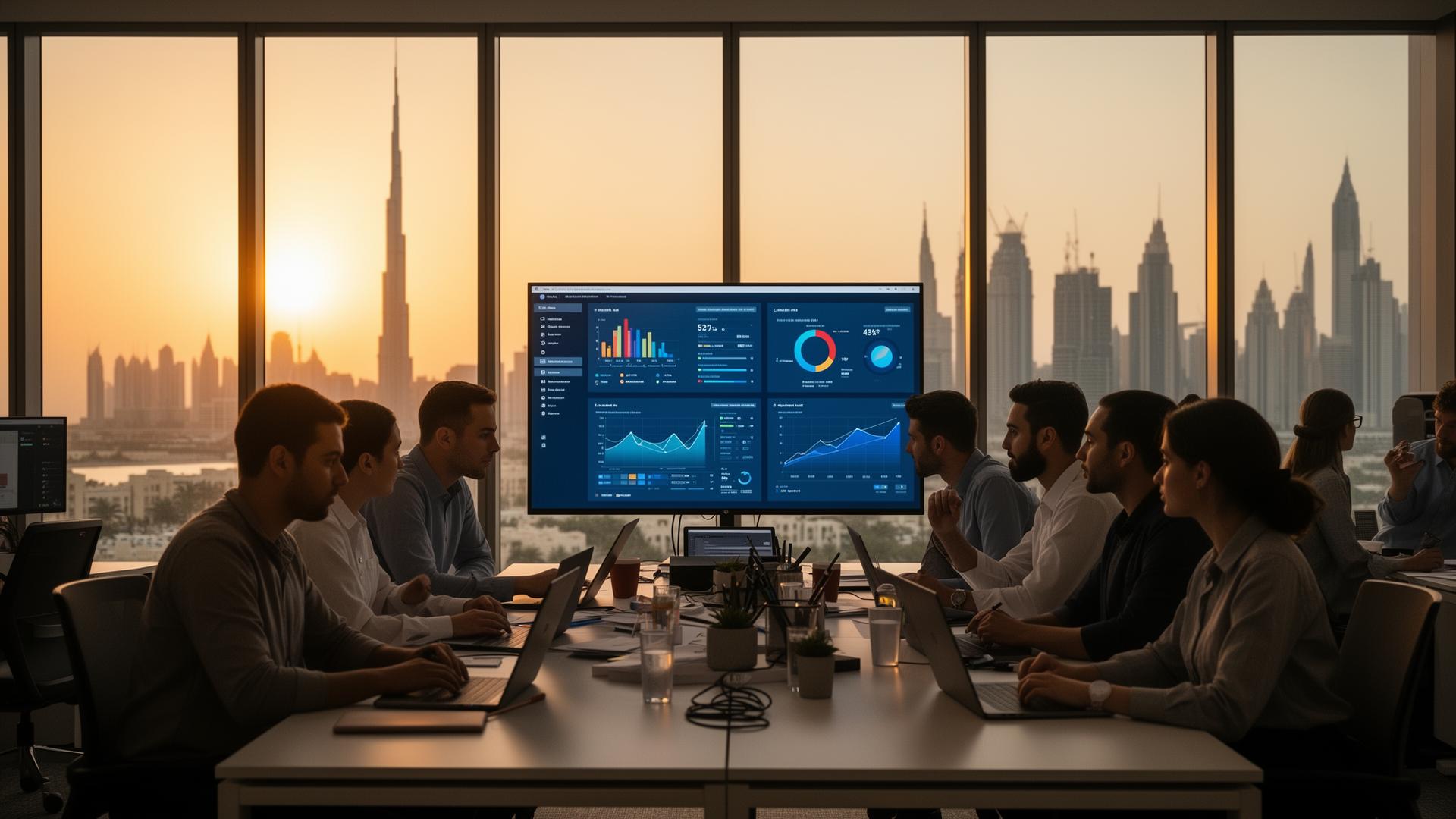 SEONinja's Business Bay studio at golden hour with the Dubai skyline and Burj Khalifa in the background — the agency's GCC headquarters