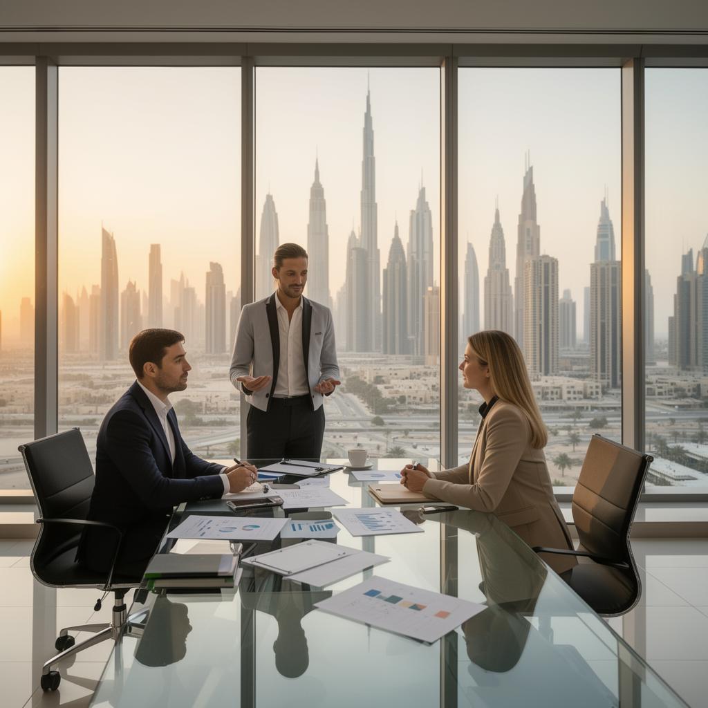 SEONinja strategist running a quarterly AI search and SEO roadmap session with a client, Dubai skyline visible through the window
